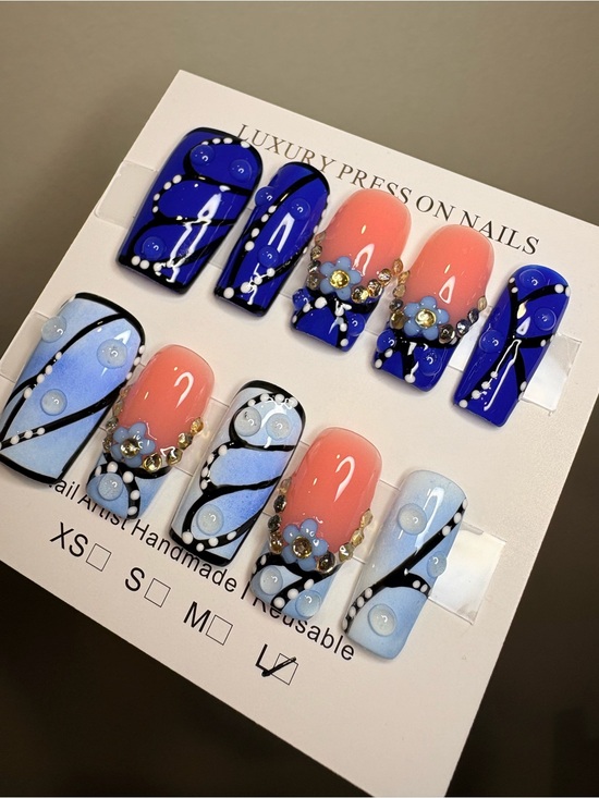 Other - Handmade Blue & Peach Press-On Nail Set with Rhinestones